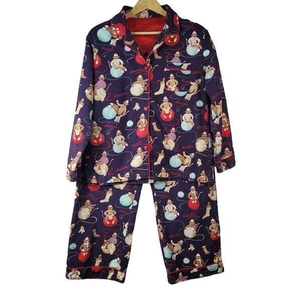 Nick & Nora Sock Monkey Flannel Pajama Set Blue Large Long Sleeve Pants Pull On - Picture 1 of 13